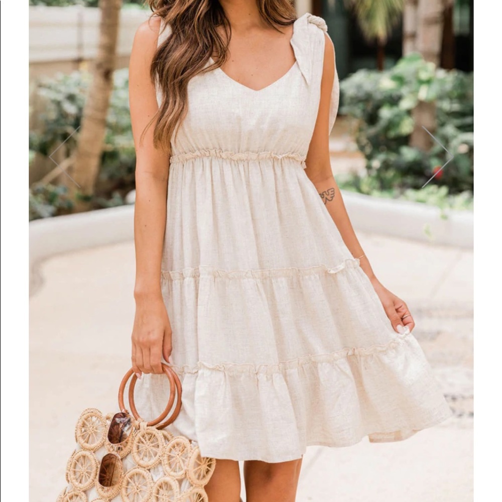 Pink Lily traveling countryside tiered beige babydoll dress